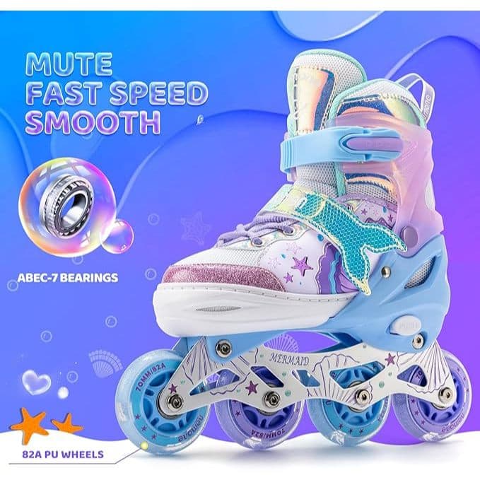 Patins Roller Inline Menina Roda Reta Roxo sereia Ajustável Com Luz De Led Presente Dia Dos Criancas