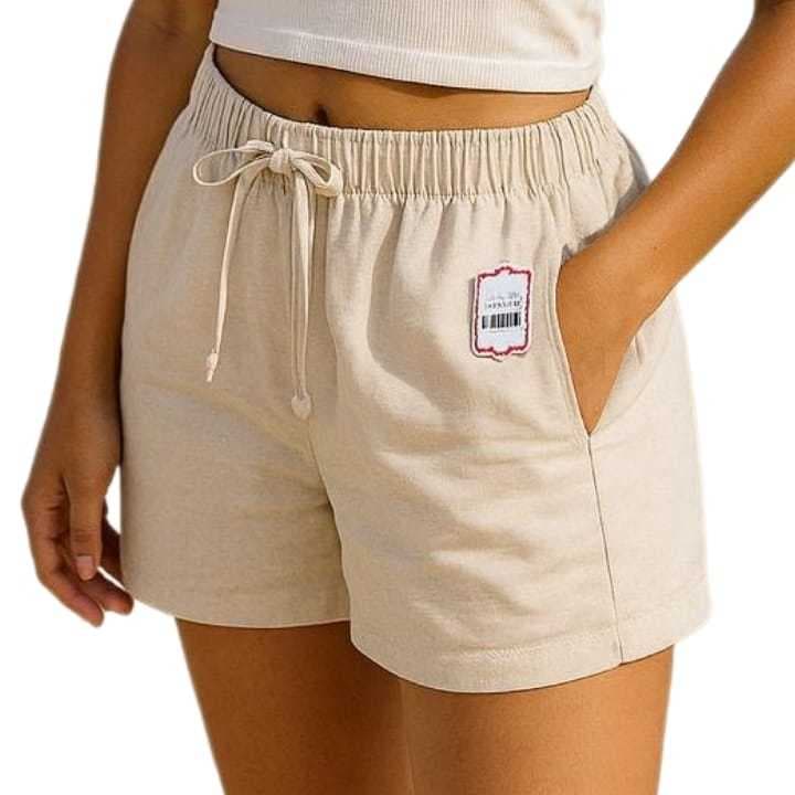 Short Feminino Casual Fio Tinto Tipo Linho Bermuda Adulto e Juvenil Cintura Médio/Alta Cós de Elástico Bolsos Laterais