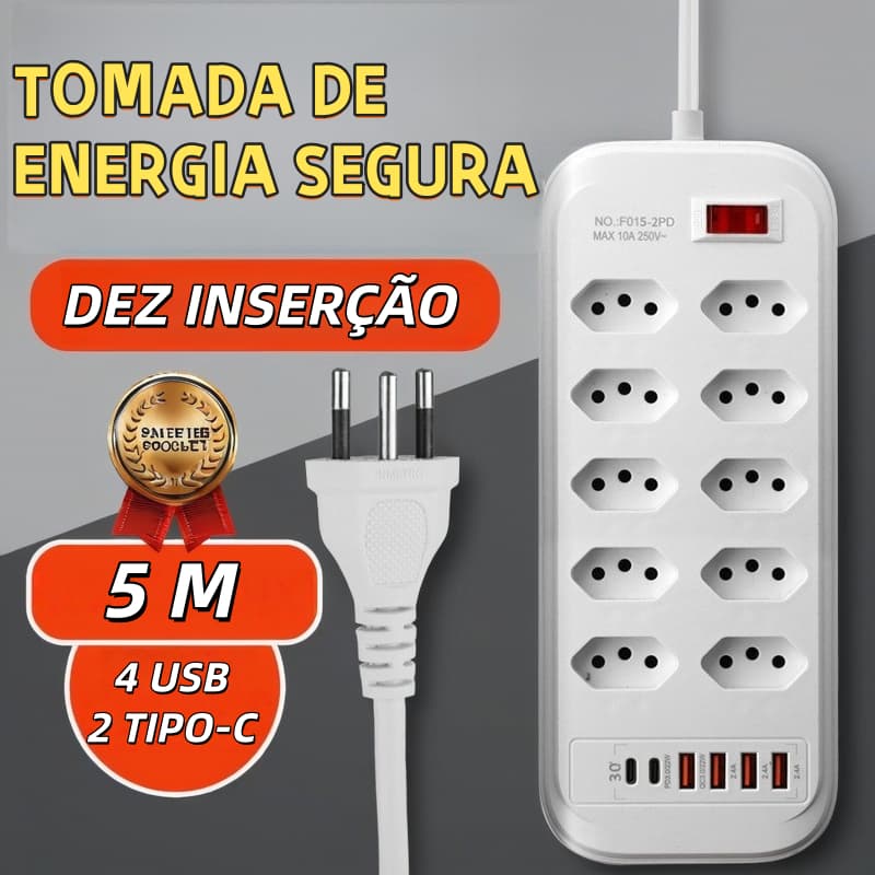 Extensão Elétrica Com Cabo 10 Tomadas Régua 4 USB 2 tipo-c