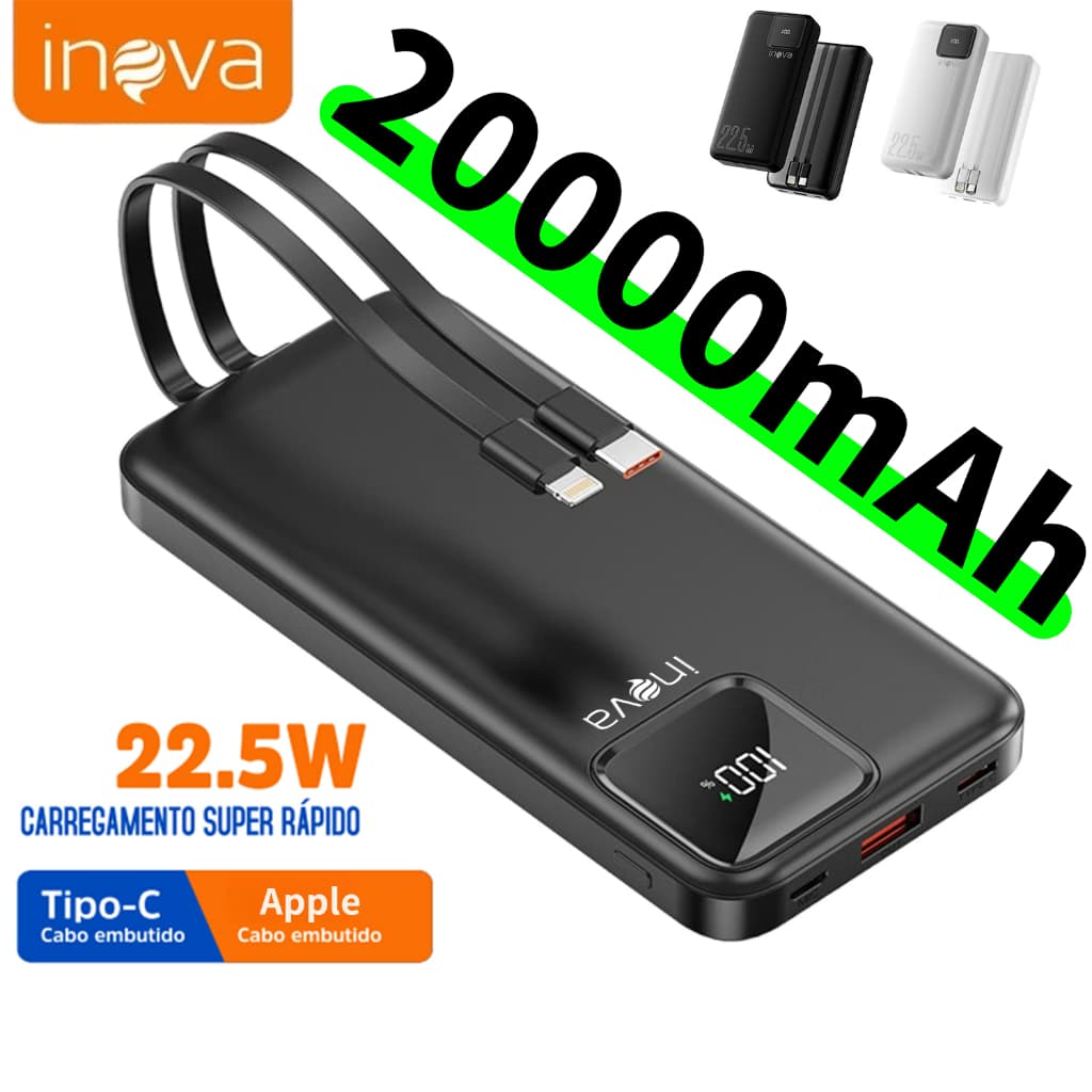 Inova carregador portátil 20000mah Power bank de carregamento rápido 22,5W Inclui 2 cabos Compatível com Android iPhone