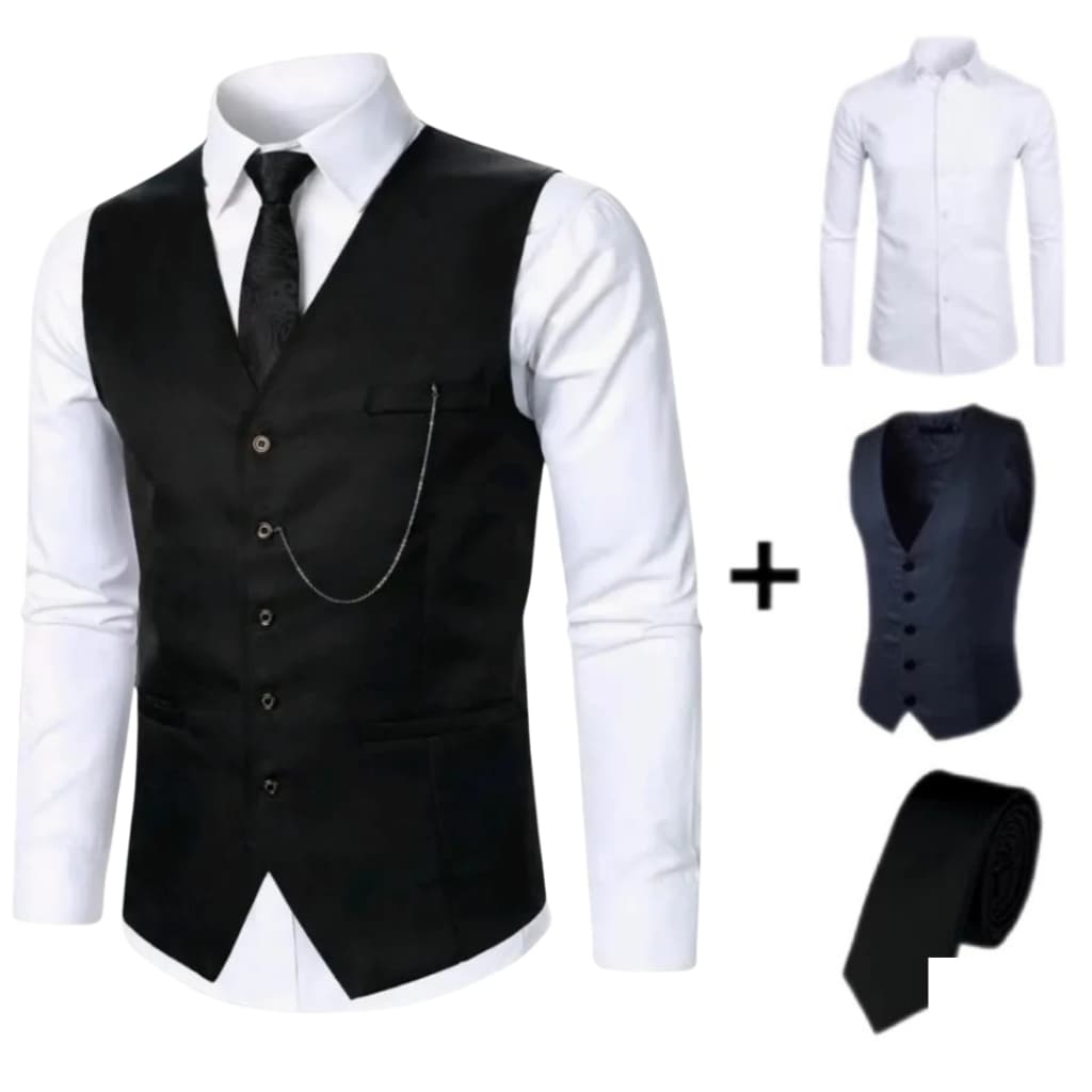 Kit Camisa Social Slim + Colete Masculino P/ Ternos e Costumes + Gravata Social Varias Cores