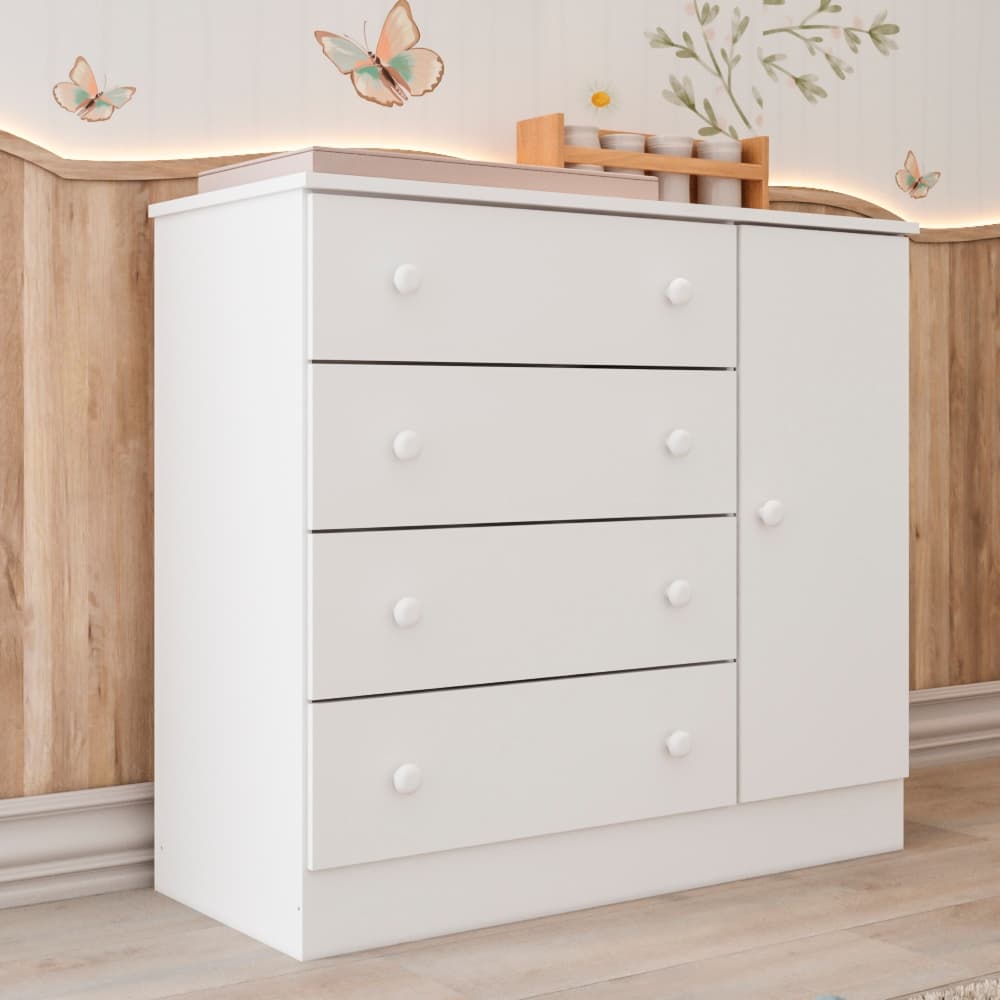 Cômoda Infantil 4 Gavetas com Porta Fraldário Lia 100% MDF Branca