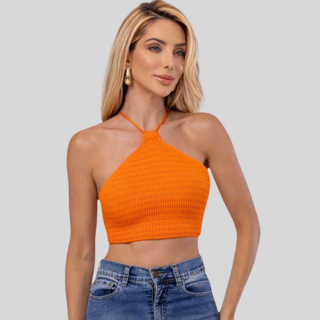 Top Cropped Feminino Tricot Modal Escama Blusa Frente Única Moda Verão