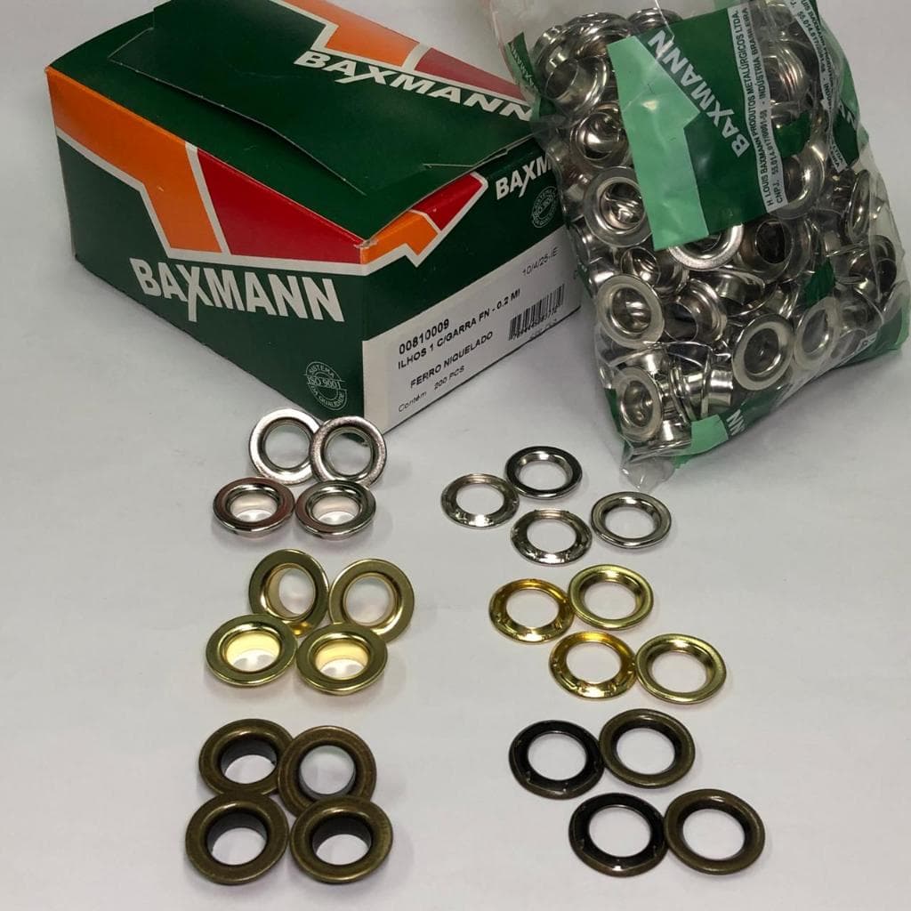 200 Ilhós e 200 Arruela Com Garra Baxmann Tamanhos 0,1,2,3,4 e 5 - Ferro e Latão