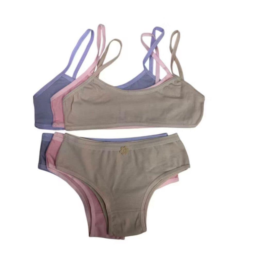 Kit 2 ou 5 Conjuntos Juvenil para Pré Adolescente Lisos Calcinha e Sutiã Algodão