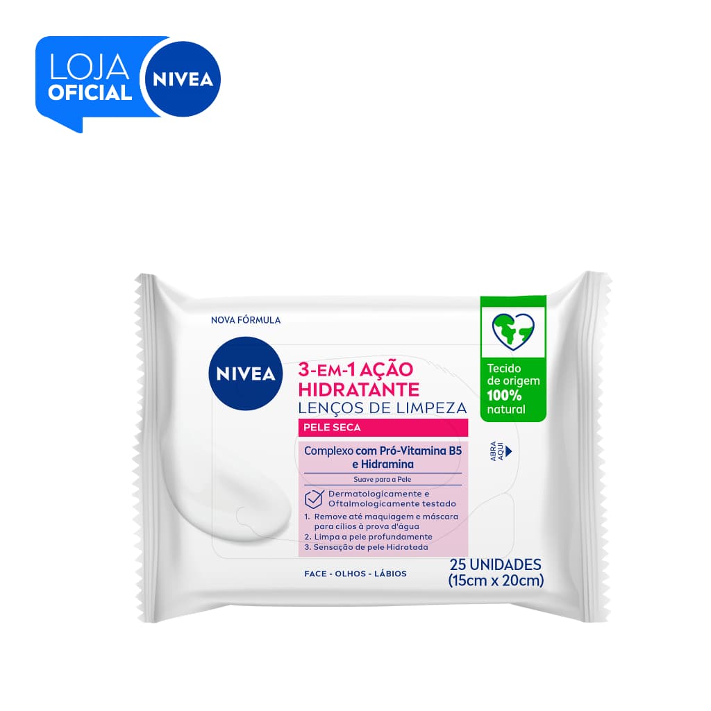 NIVEA Lenços de Limpeza Facial Ação Hidratante 3 em 1 - Pacote com  25 Unidades BBB 26