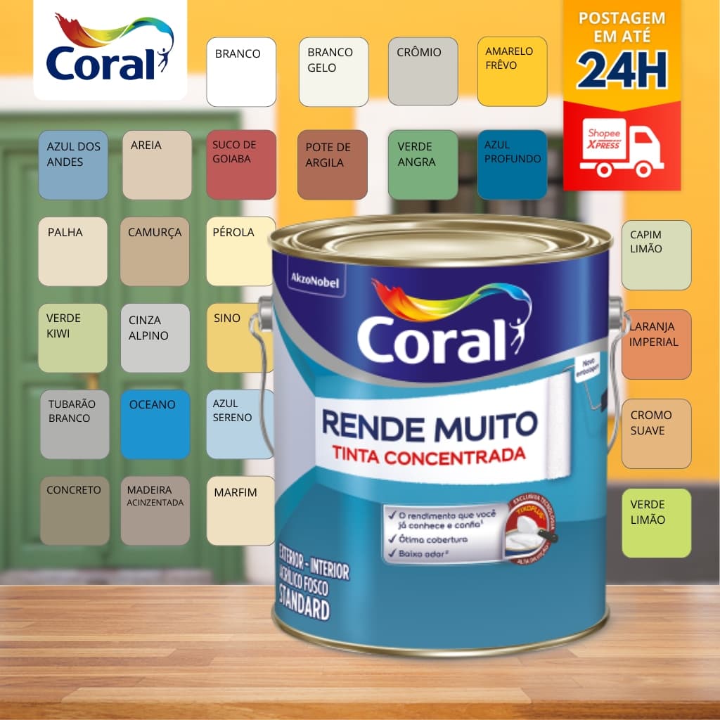 Tinta para Parede Coral Rende Muito 3,2L- Várias Cores • Fosca • Acrílica • Interior/Exterior • 34m²