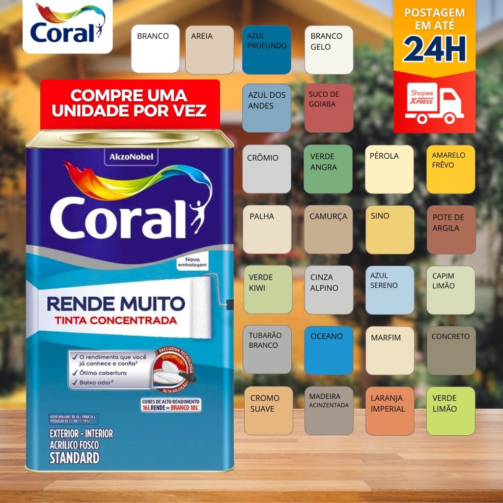 Tinta Coral Rende Muito 16L Cores (Branco, gelo, crômio, cinza alpino, tubarão branco, perola)