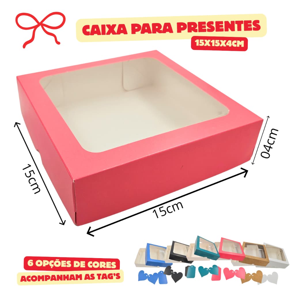Caixa de Presente com Visor + Tags Coração, Rosa, Azul, preto, branco, kraft e verde | 15x15x4cm