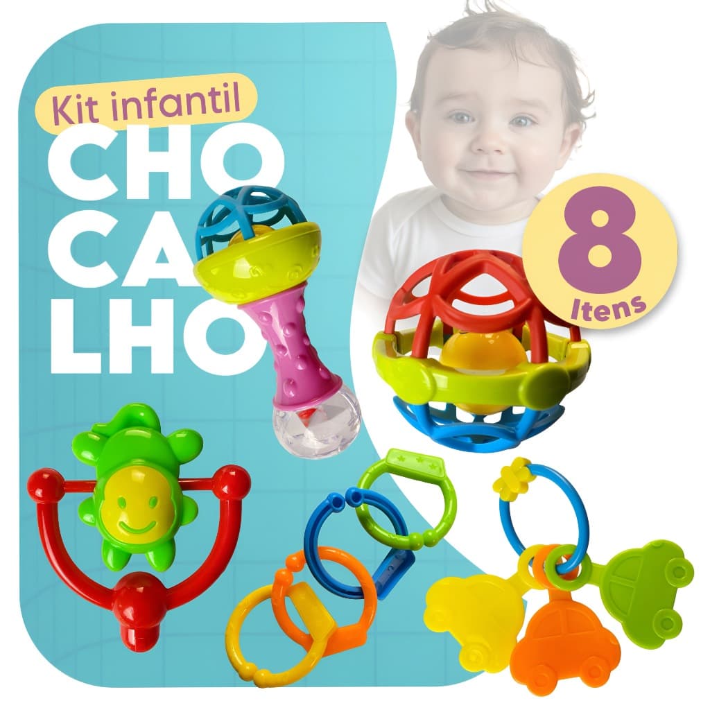 Kit 8 Peças Brinquedos Para Bebê Chocalho Mordedor Brinquedo Sensorial Estimula O Desenvolvimento