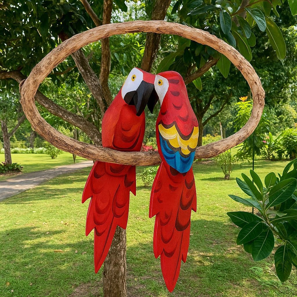 CASAL DE ARARAS E TUCANOS DE 25 CM NO CIPÓ PÁSSARO DE MADEIRA ARTESANATO ENFEITE PÁSSAROS DECORAÇÃO PARA CHÁCARA SÍTIO