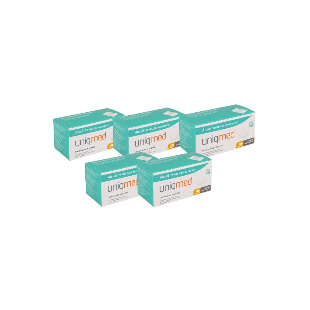Kit 5 Caixas Álcool Swab 70% Saches Lenço Umedecido C/100 Unidades Cada - Uniqmed