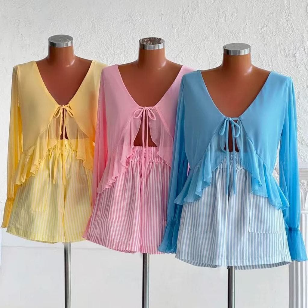 Blusa Cropped Boho Manga Longa Com Babados- Tecido Chiffon- Amarração Frontal Blusa Feminina