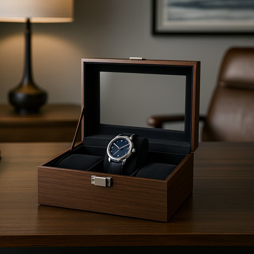 Estojo De Madeira Com Visor Para 3 Relógios Organização