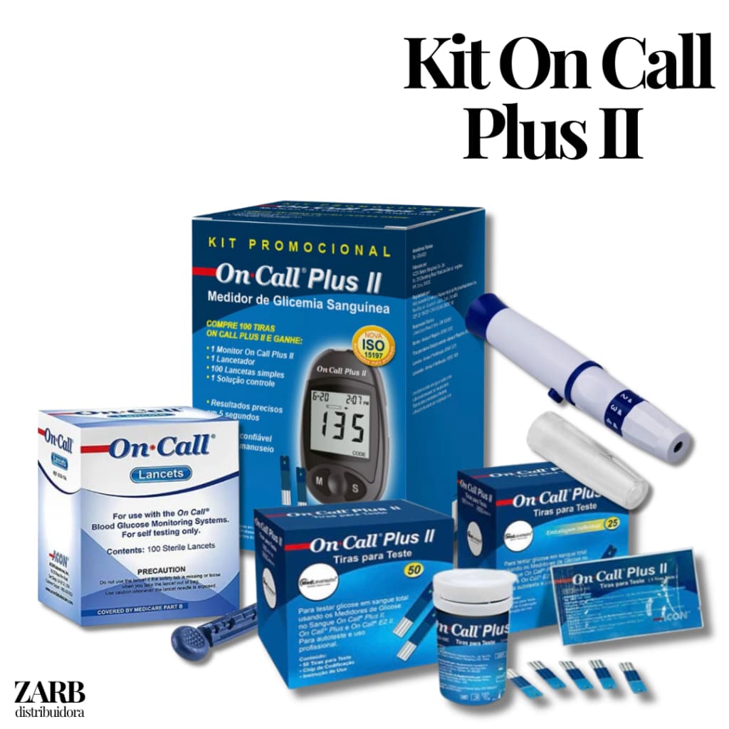 1 Medidor de Glicemia + 100 Lancetas + 1 Lancetadora + 100 Tiras Kit Completo On Call Plus II