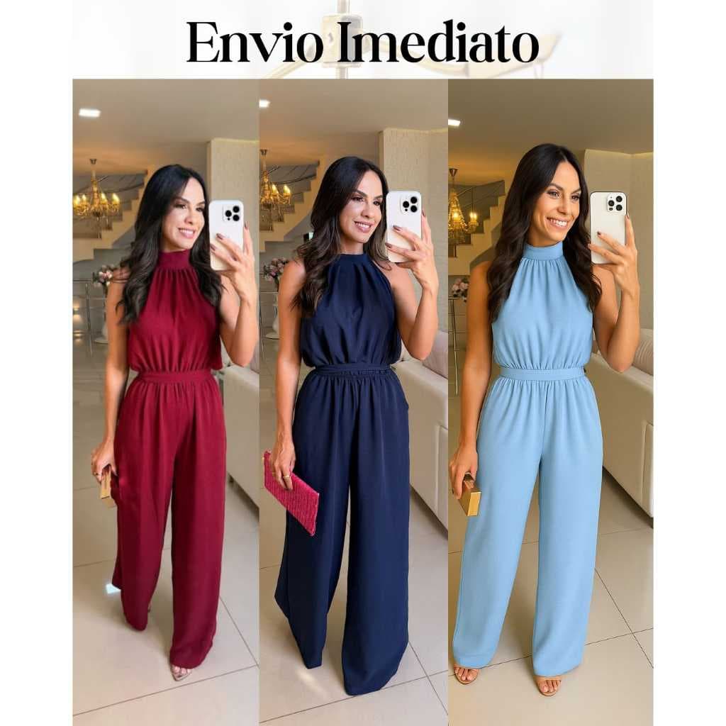 Macacão longo pantalona feminino sem mangas com decote nas costas  Social Casual