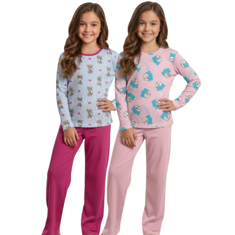 Kit 2 Pijamas de Inverno Infantil | Bebe ao Juvenil Menina Inverno | Pijama Sortido Comprido e Muito Confortável