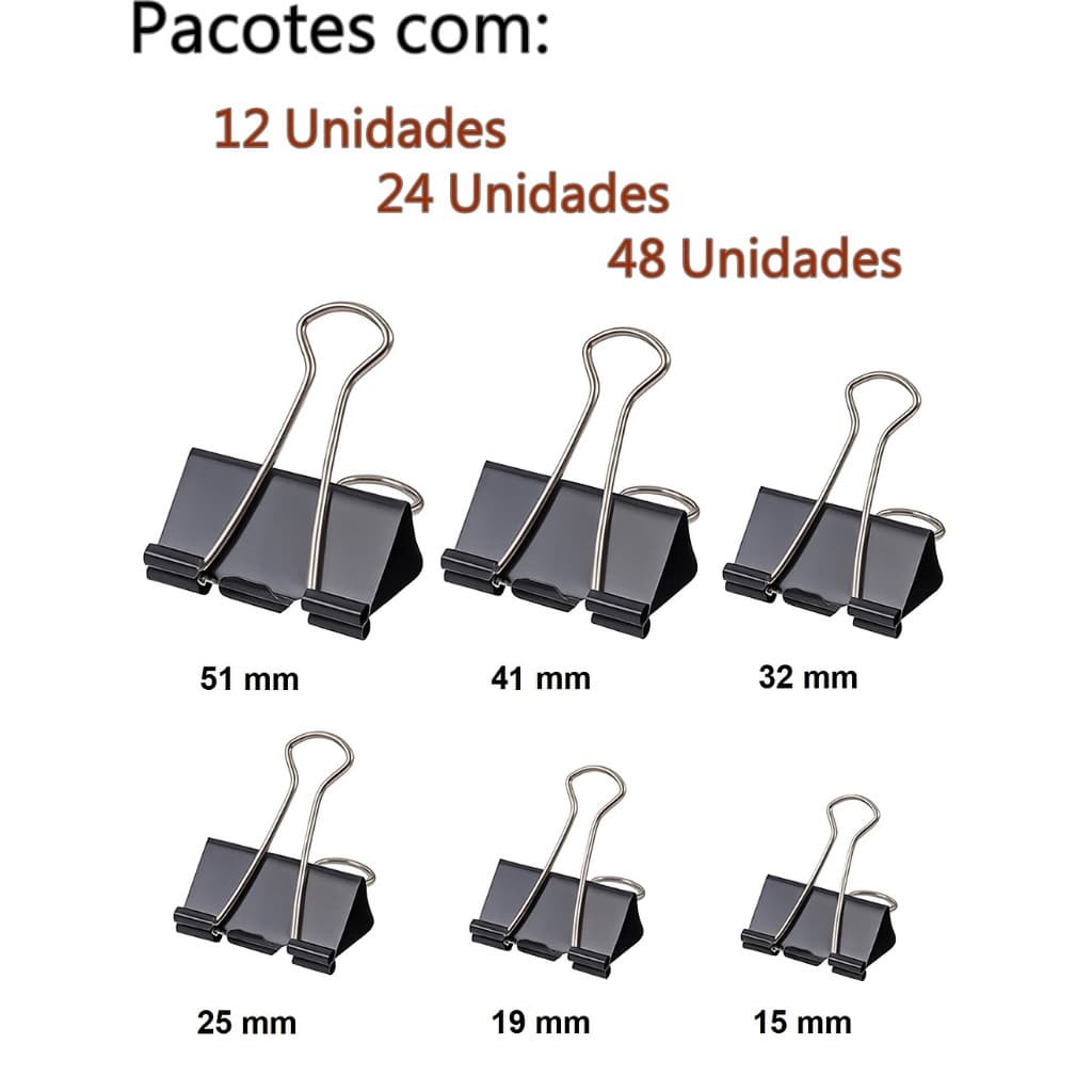 Kit com 12, 24 ou 48 Prendedor de Papel Binder Clip 15mm 19mm 25mm 32mm 41mm ou 51mm Preto Jocar Office Futuro