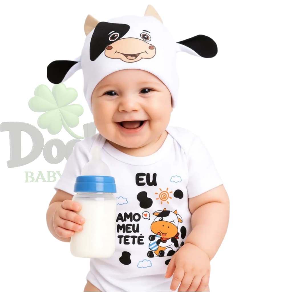 Body de Bebê Meu Tetê + Touca Bezerro / Mêsversário Temático