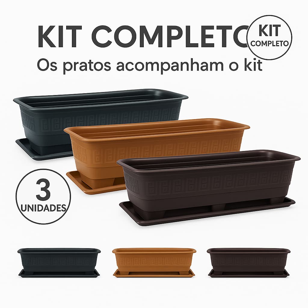 Kit 3 Floreiras Retangulares 6L + Pratos de BRINDE Horta e Jardim Preto/Marrom Café/ Terracota