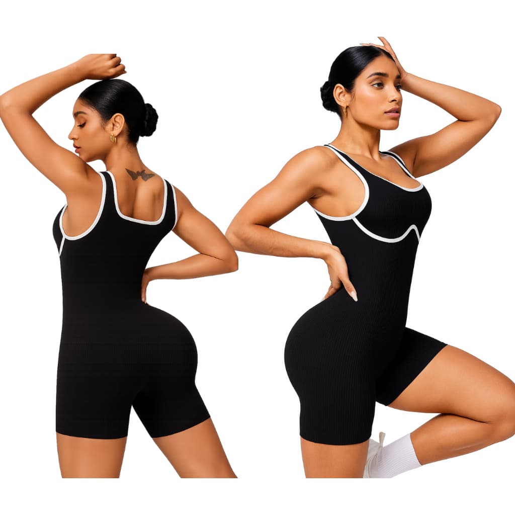 Macaquinho Academia Fitness Feminino Canelado Premium Detalhe Branco Seios ou Costa Nua Amarração Zero Transparência