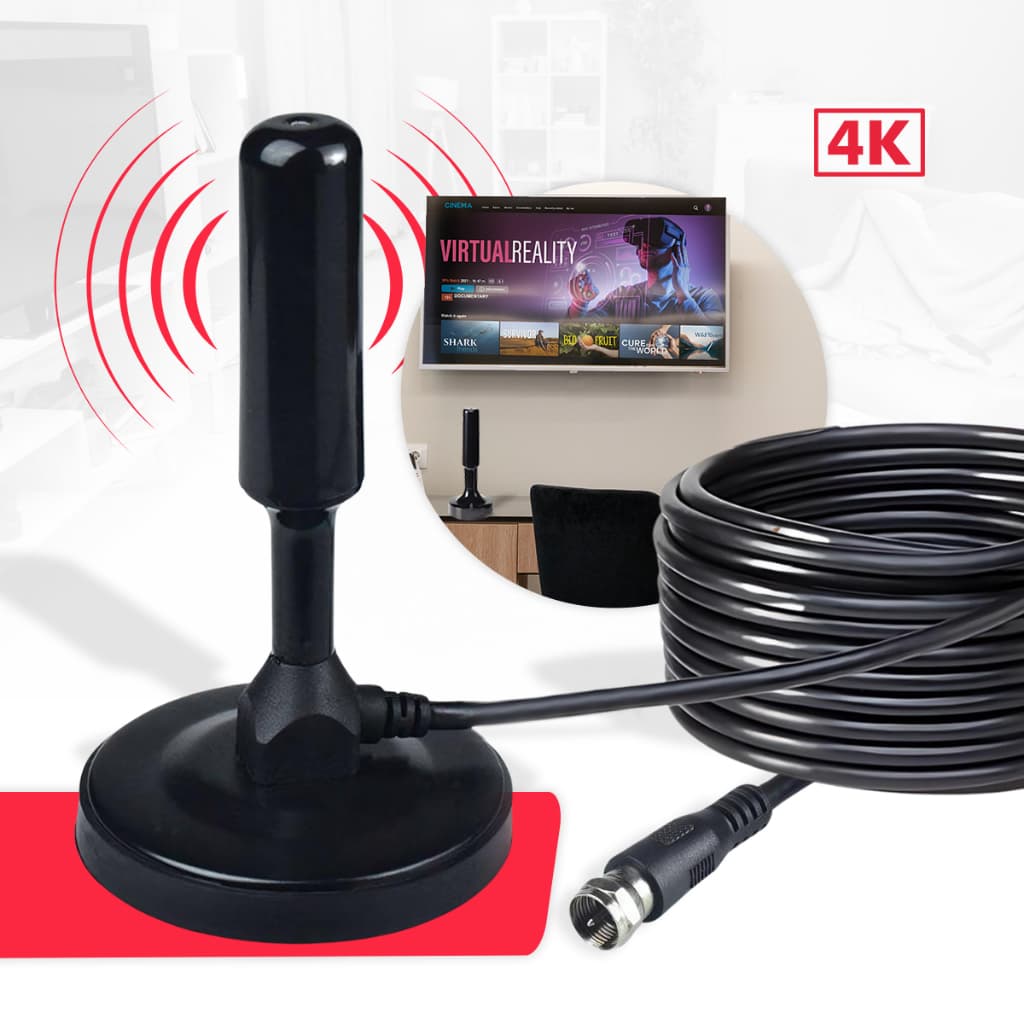Antena Digital HDTV 4K Interna Externa Amplificada Base Imã Cabo 5m VHF UHF FM