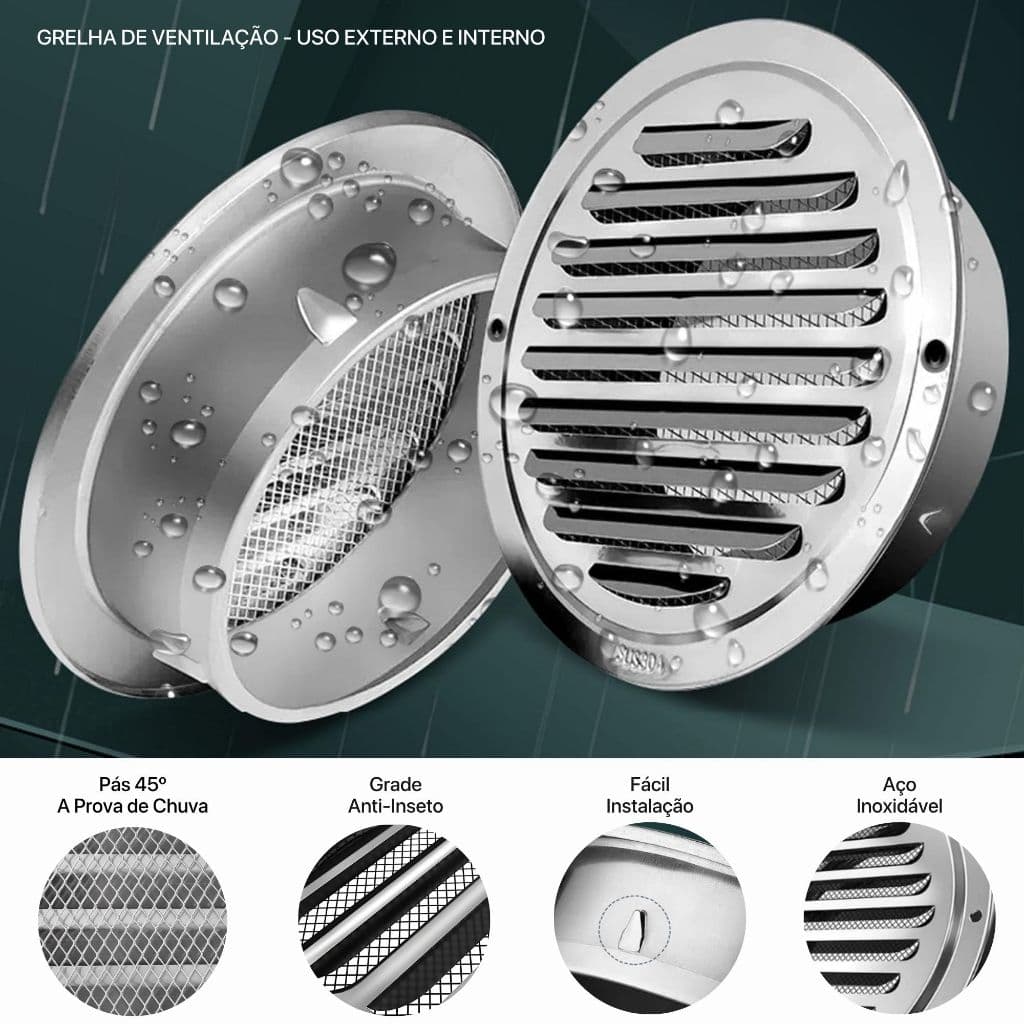 Veneziana 100mm Aço Inox Grade Aluminio Com Tela Anti Insetos Para Exaustão de Ar Coifa Fogatti Slim
