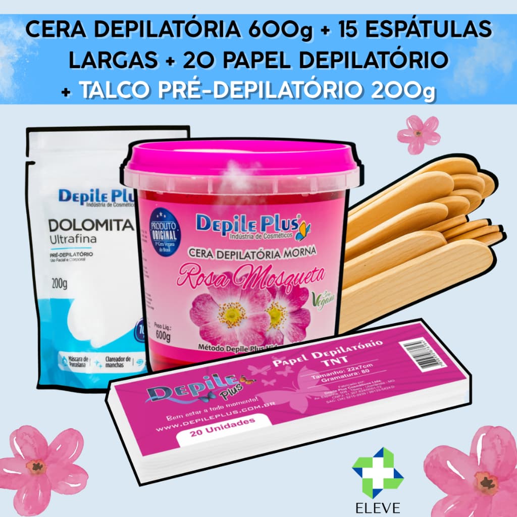 Cera Depilatória Hidrossolúvel 600g Depile Plus + 20 Papel Depilação + 15 Espátula Madeira + Talco Pré Depilatório 200g