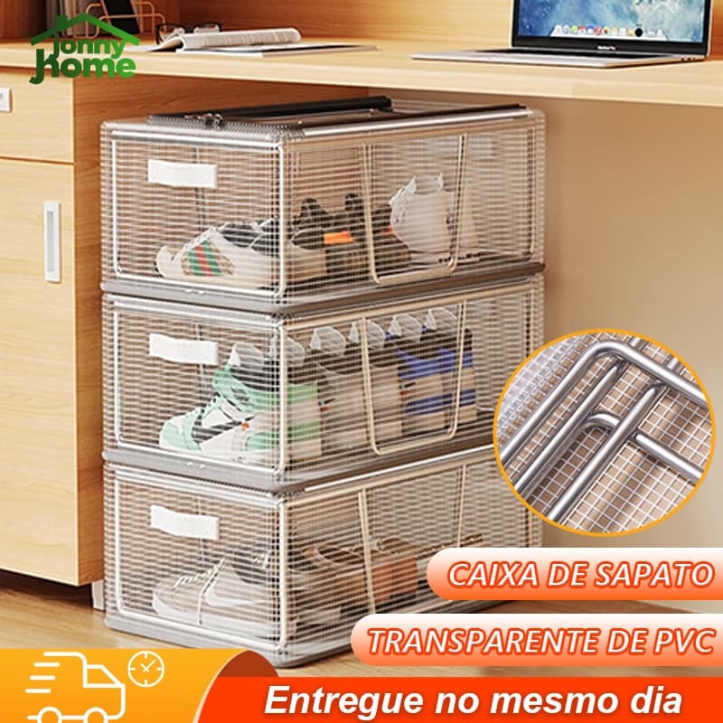 Caixa de sapatos dobrável com zíper, sapateira transparente, empilhável