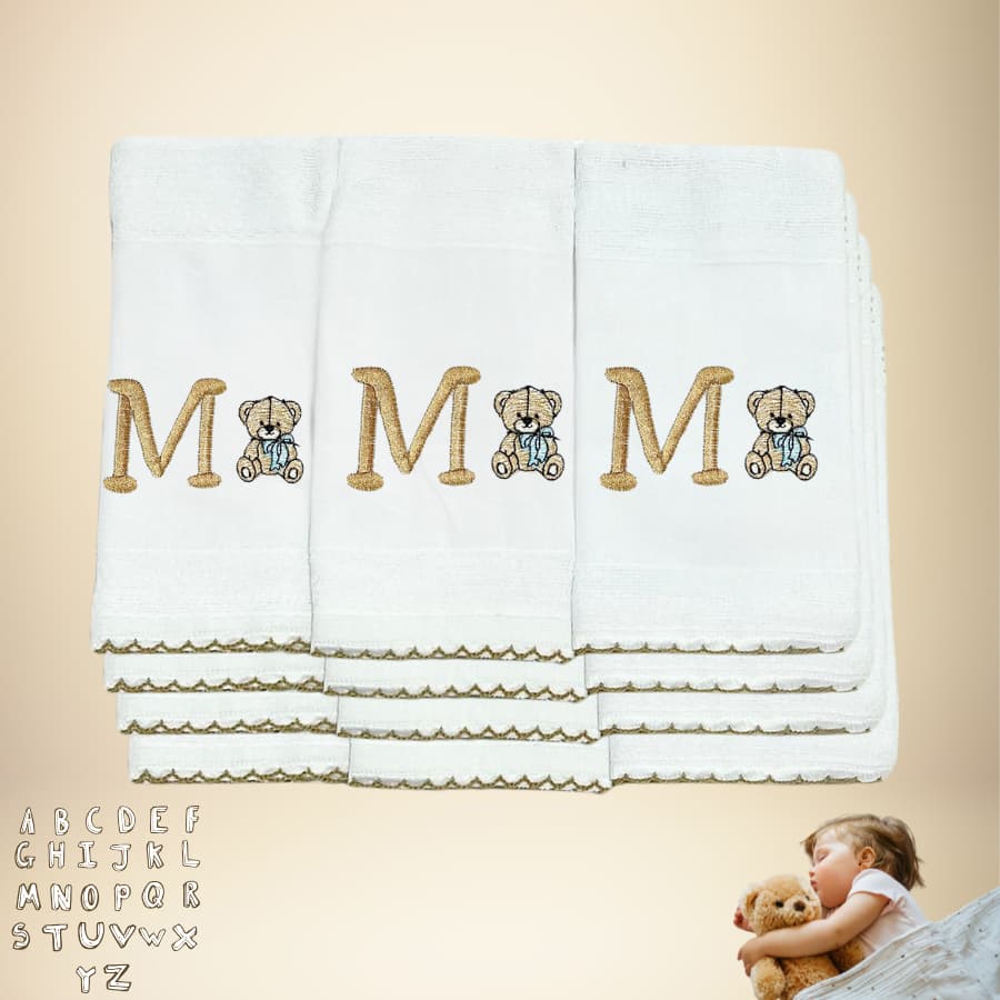 Kit 12 Boca Fralda Personalizado Com Inicial Do Nome Do Bebe Hipoalergênico Bordado 100% algodão