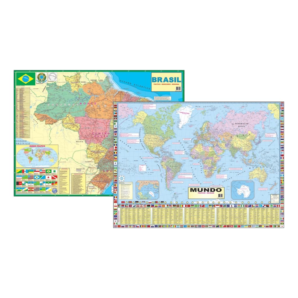 Kit com 2 Mapas -  Mundi + Brasil (Ano 2026) Político Rodoviário 120  X 90 Cm Atualizado