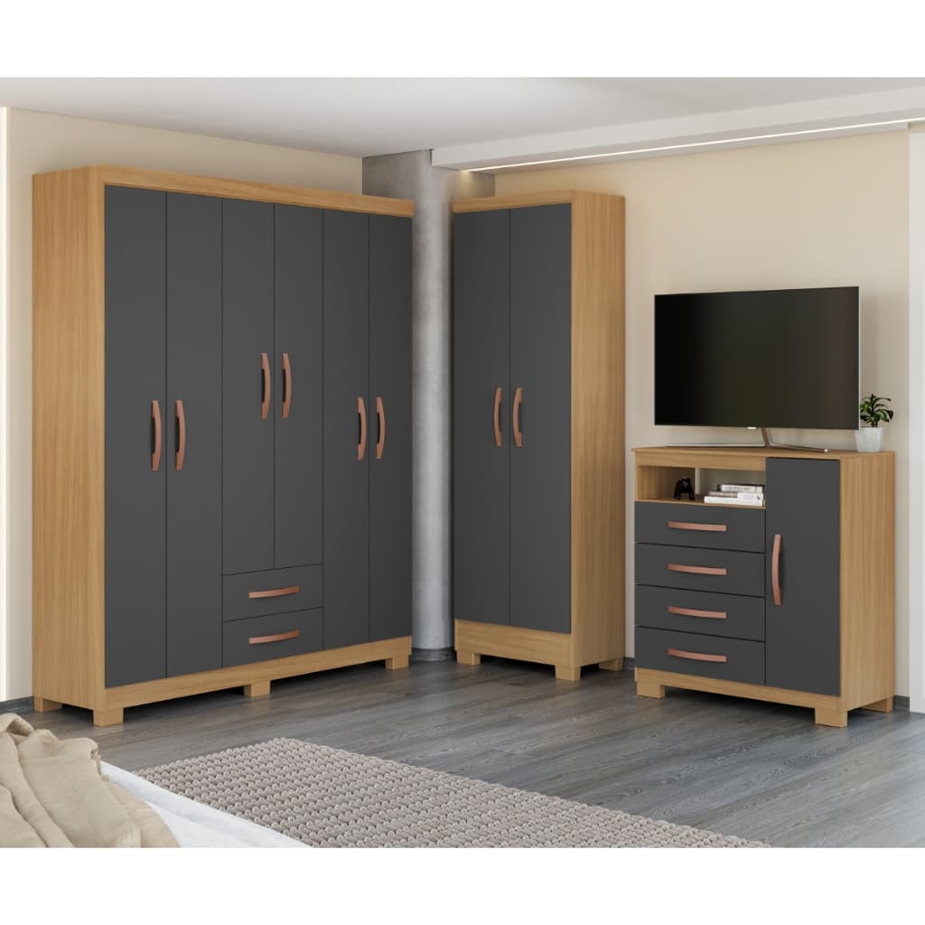 Kit Guarda Roupa Porto Belo 6P 2G c/ Cômoda Sapateira 1P 4G e Armário Multiuso 2P Carvalho Grafite Clique Chique