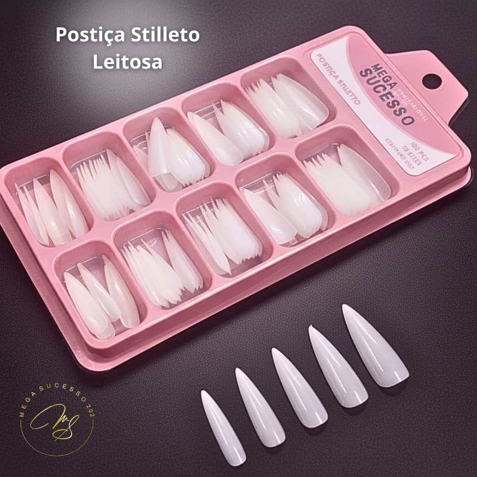 Unhas Postiças Mega Sucesso 100un  Vamps Extrema e Stiletto Transparente/Leitosa – SQ8558/8559/8560