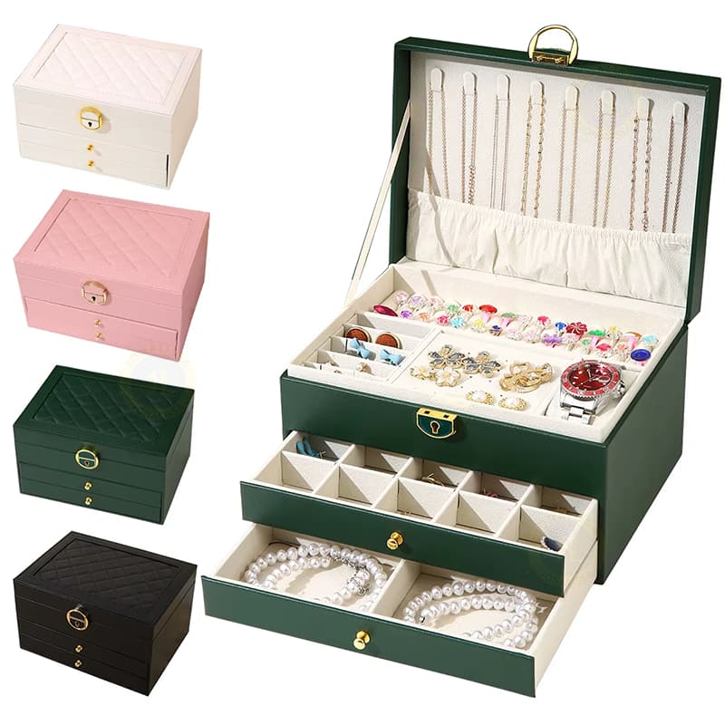 Caixa de Joias Grande Multifuncional 3camadas Com 2 Gavetas Couro brincos organizar Porta joias Q19