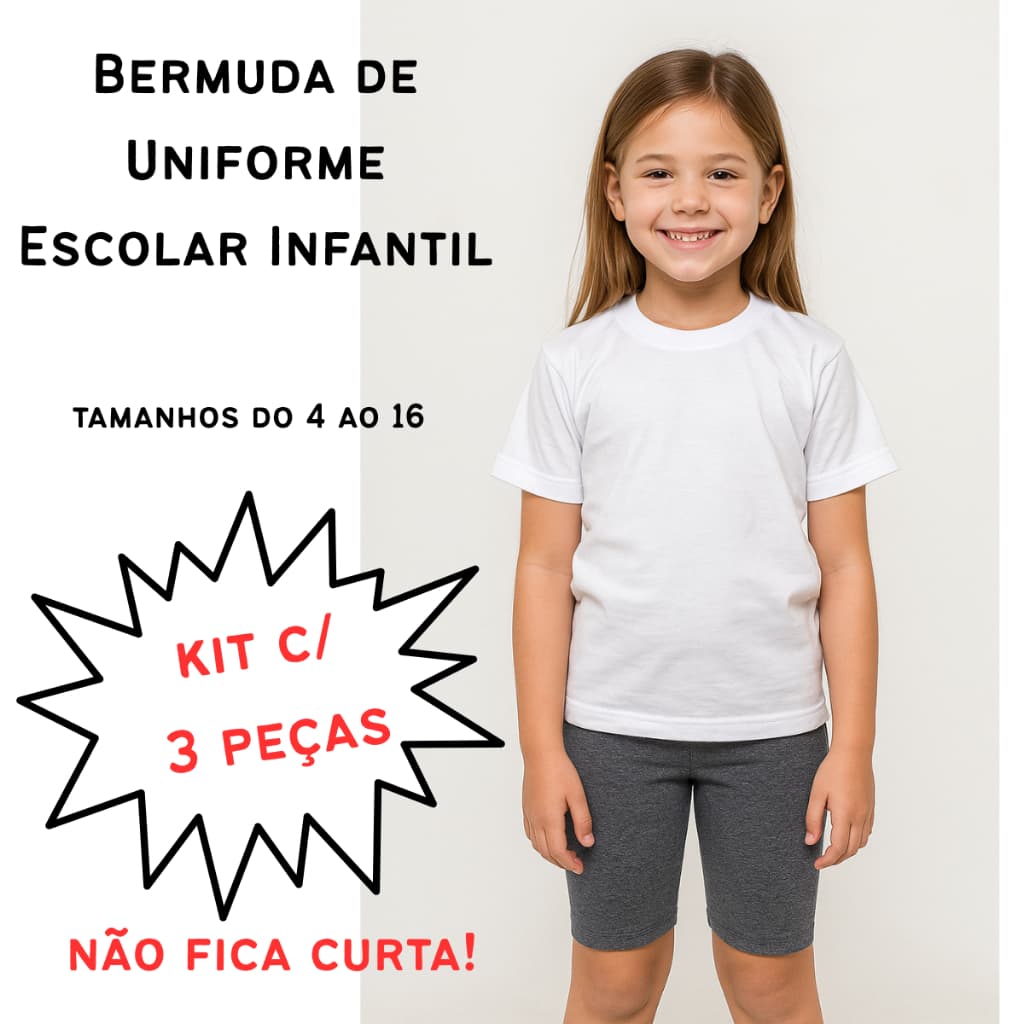Shorts Bermuda escolar infantil e juvenil kit c/ 3  do 4 ao 16 suplex cós alto e costura reforçada