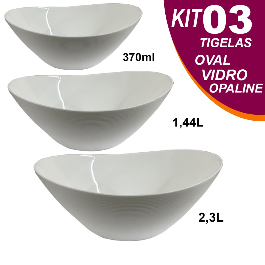 Conjunto Jogo de tigelas 3 peças Travessas Oval em Vidro Temperado opaline kit tigela Branca