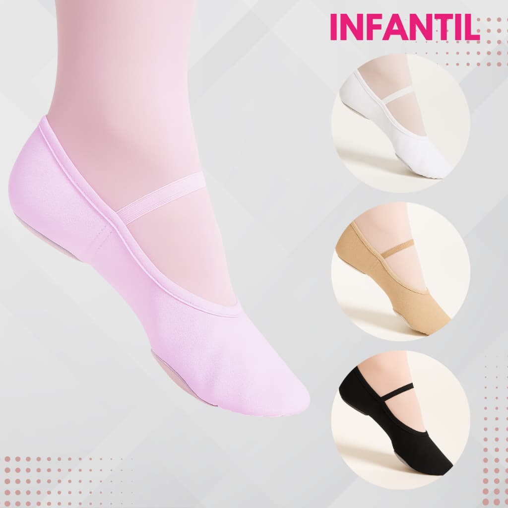 Sapatilha Ballet Lona Solado Dividido Meia Ponta Infantil - Cores Rosa Preto Branco Bege
