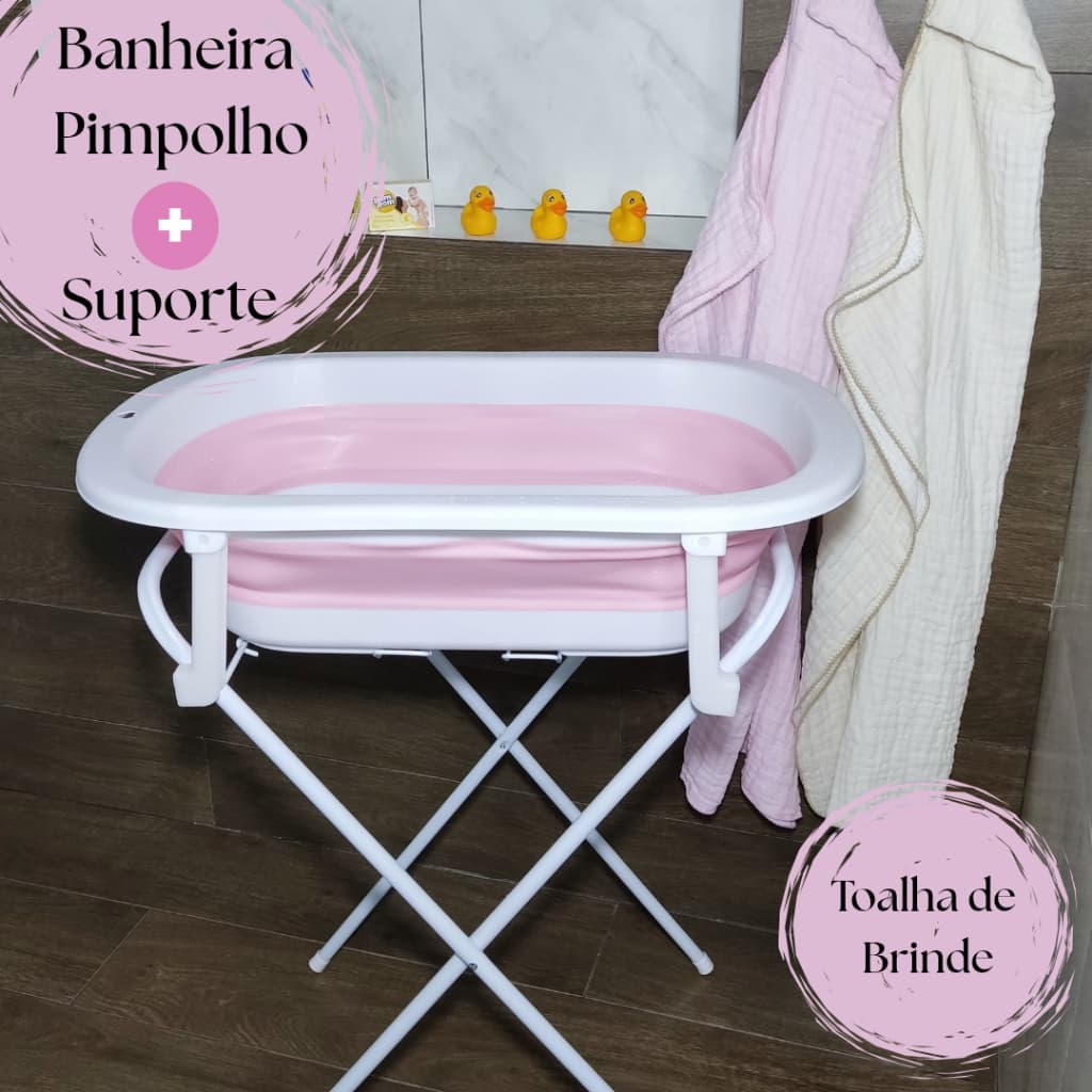 Banheira para Bebê Retrátil com Suporte Dobrável 33L Resistente Leve Compacta ROSA+Brinde