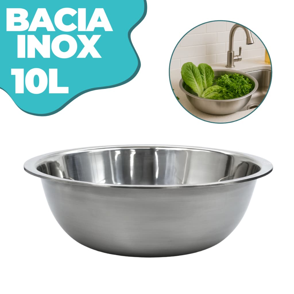 Bacia Inox 40cm 10L Grande Profissional Multiuso Tigela Saladeira Cozinha e Pet
