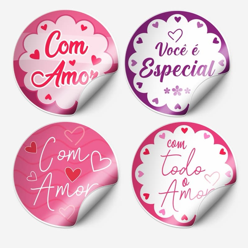 Kit 120 Adesivos Com Carinho amor 4x4cm – Para Presentes e Lembrancinhas