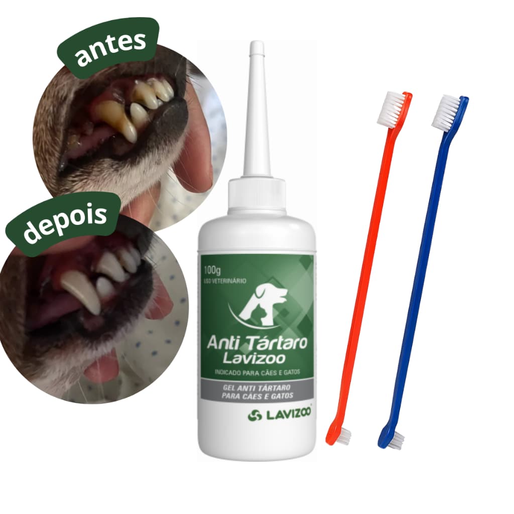 Gel Dental Anti Tártaro Lavizoo Cães e Gatos + 02 Escova Pet