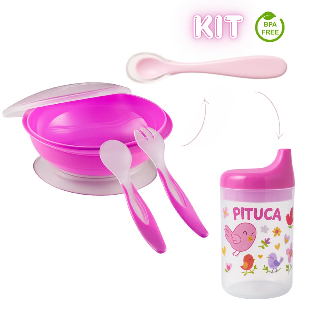 Kit Refeição Infantil Luxo 6 Peças Prato com Ventosa + Talheres + Copo Educativo Pratinho Bebê