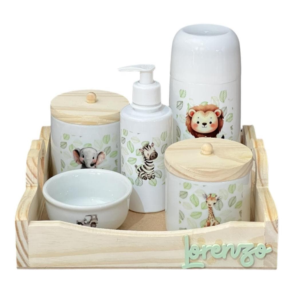 Kit Higiene Bebê Porcelana Safari Bandeja Pinus Adesivo Dtf Uv Com Nome Personalizado