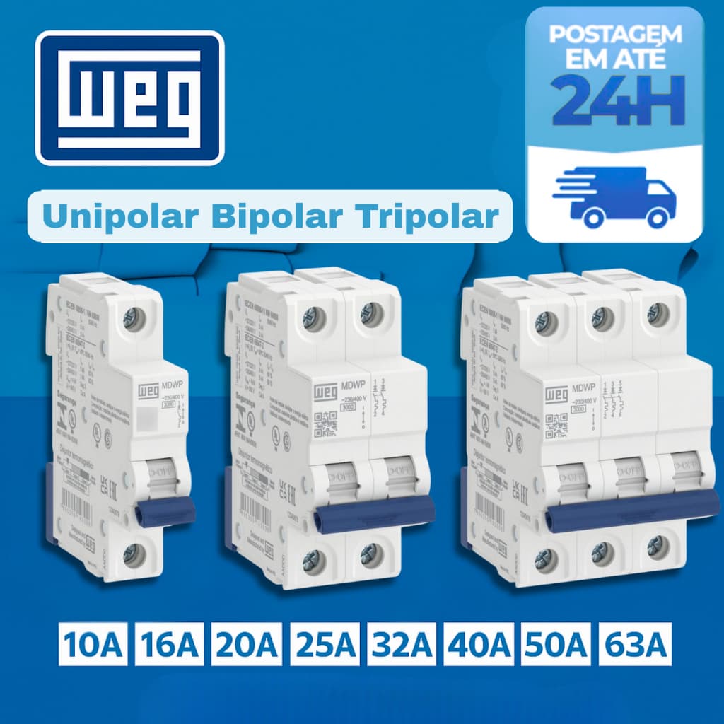 Disjuntor Unipolar Bipolar Tripolar WEG 10A 16A 20A 25A 32A 40A 50A 63A Amperes Curva C 3KA