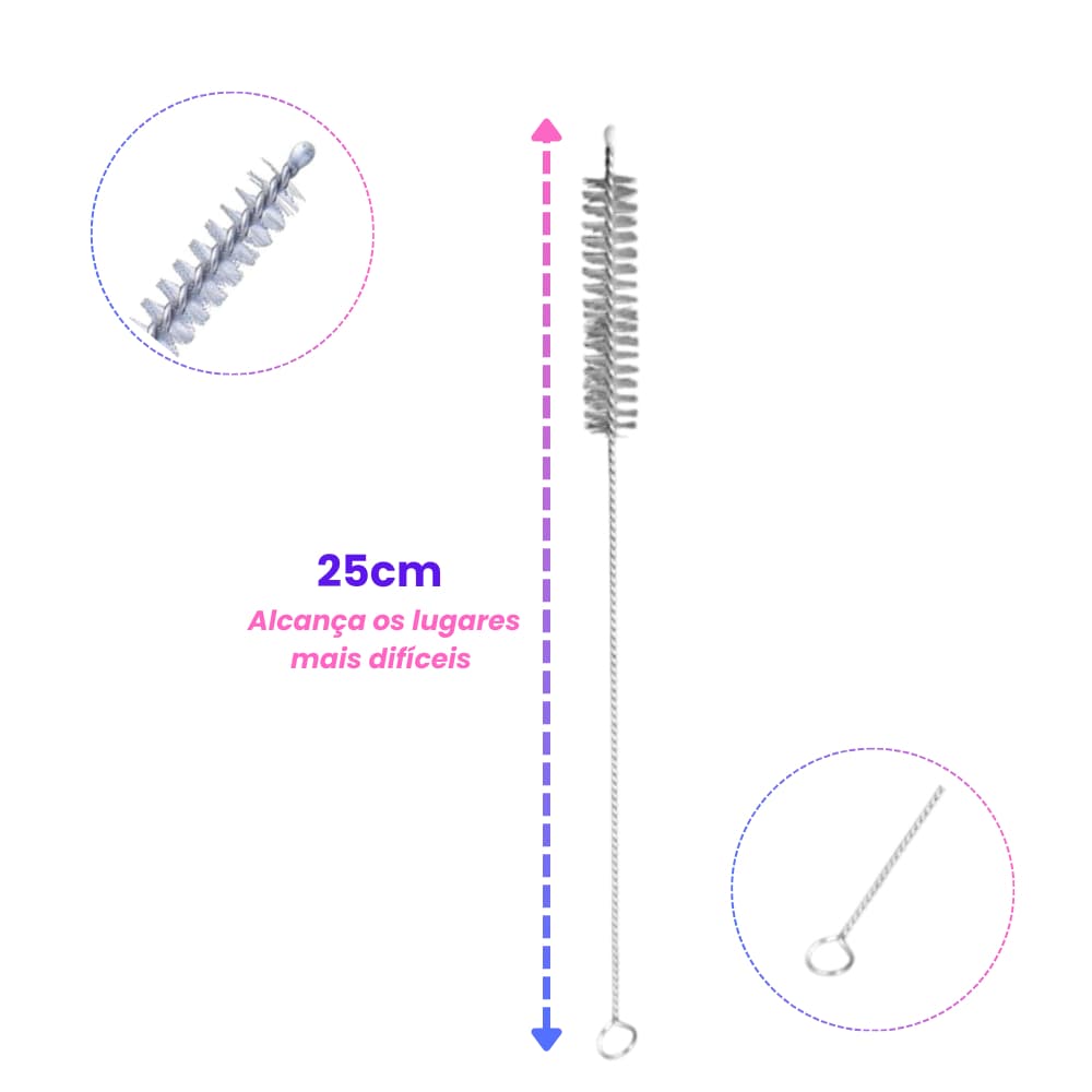 Kit Escova Flexível Inox Limpeza Canudo Ecológico Escovinha Para Limpar Ideal Canudos e Mamadeiras