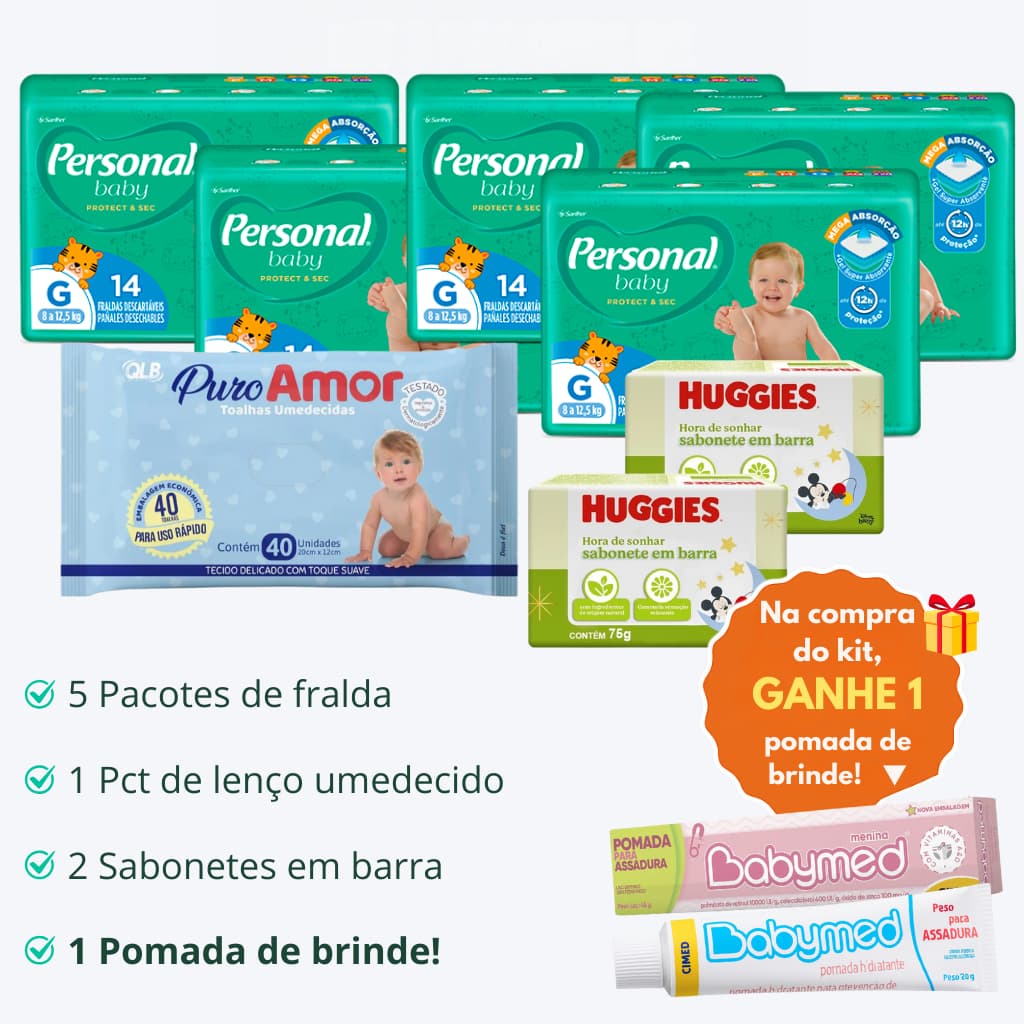Kit 5 Pacotes Fralda Personal Baby + 1 Lenço Umedecido + 2 Sabonetes + 1 Pomada de Assadura