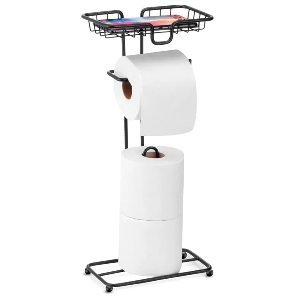 Porta Papel Higiênico de Chão Com Suporte Para Celular Dispenser Cheiro Lenço Umedecido Preto Arthi