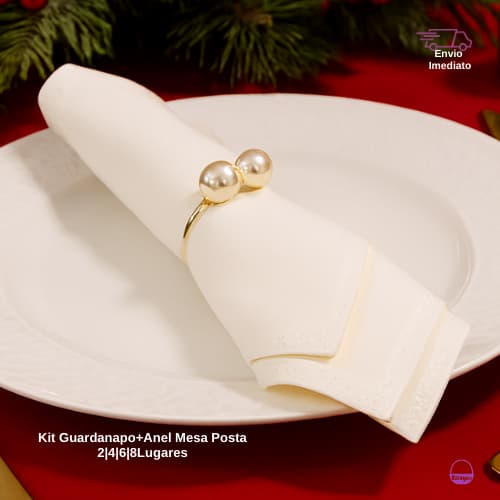 Kit Guardanapo de Tecido e Anel Porta Guardanapo Pérola Decoração Mesa Posta Páscoa 4|6|8Lugares