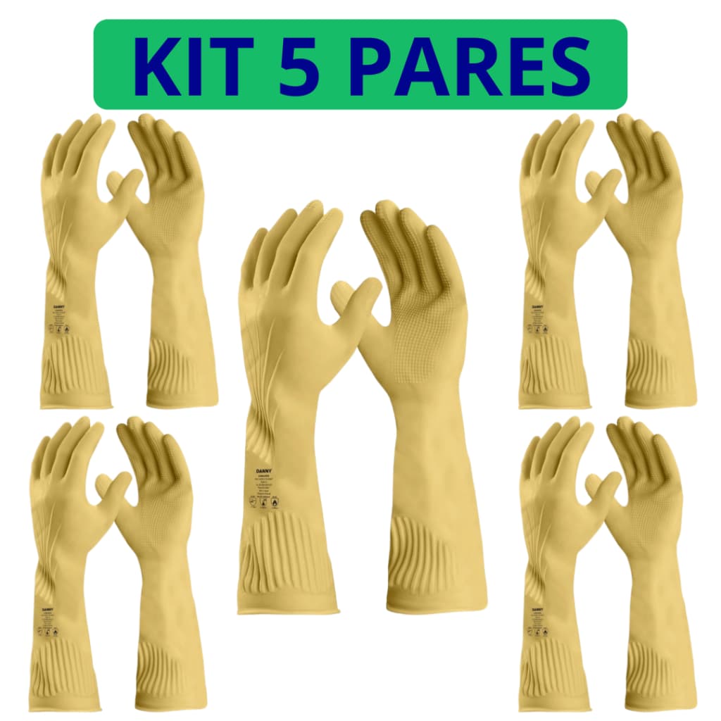 Kit 5 pares de Luvas de Látex Ranhurada Segurança Limpeza Pesada Amarela e Rosa