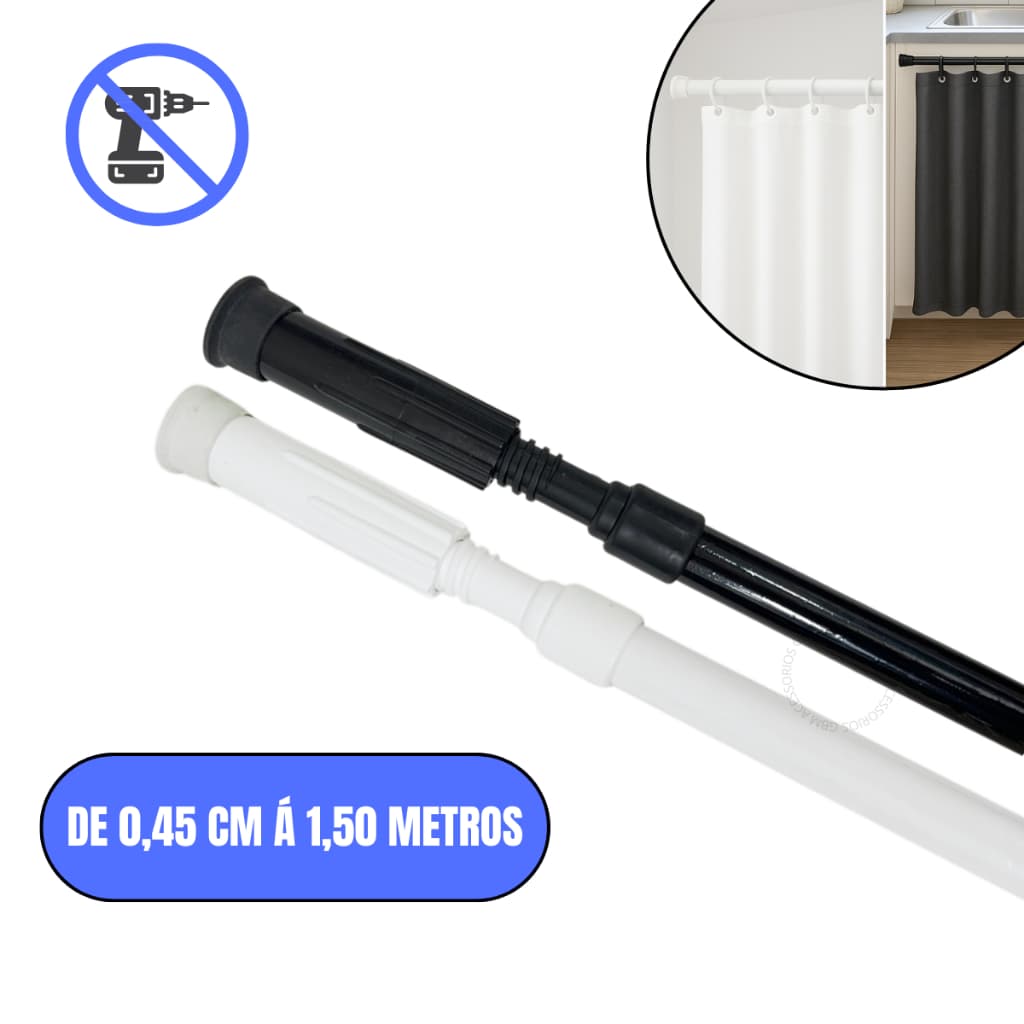 Varão Extensível Ajustável 45cm a 1,50m Cortina Box Banheiro Suporte Sem Furo Branco/Preto